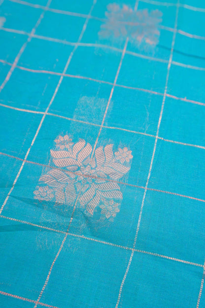 Sky Blue Pure South Cotton Checks Butta Star Pallu Saree NAA239