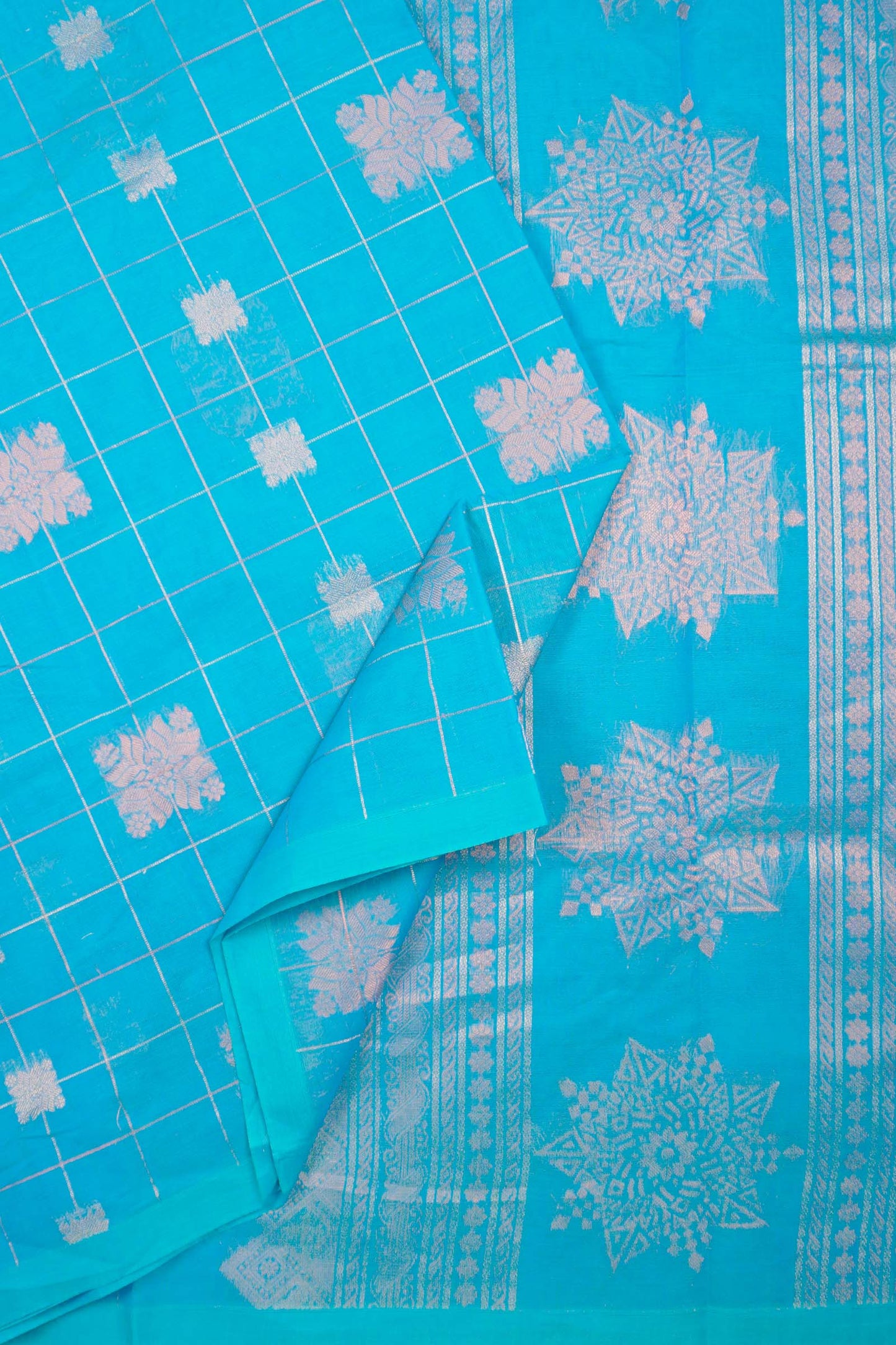 Sky Blue Pure South Cotton Checks Butta Star Pallu Saree NAA239