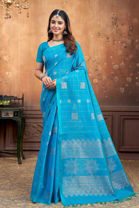 Sky Blue Pure South Cotton Checks Butta Star Pallu Saree NAA239