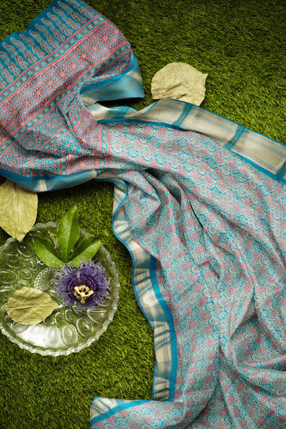 Blue Printed Cotton Ajrakh Style Prints Zari Border Saree