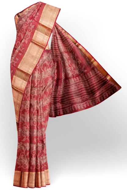 Dark Maroon Printed Cotton Rangoli Dots Zari Border Saree