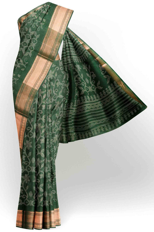 Green Printed Cotton Rangoli Dots Zari Border Saree