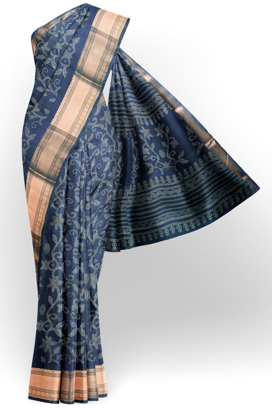 Royal Blue Printed Cotton Dot Florals Zari Border Saree