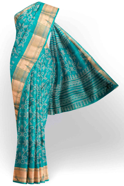Peacock Blue Printed Cotton Dot Floral Zari Border Saree