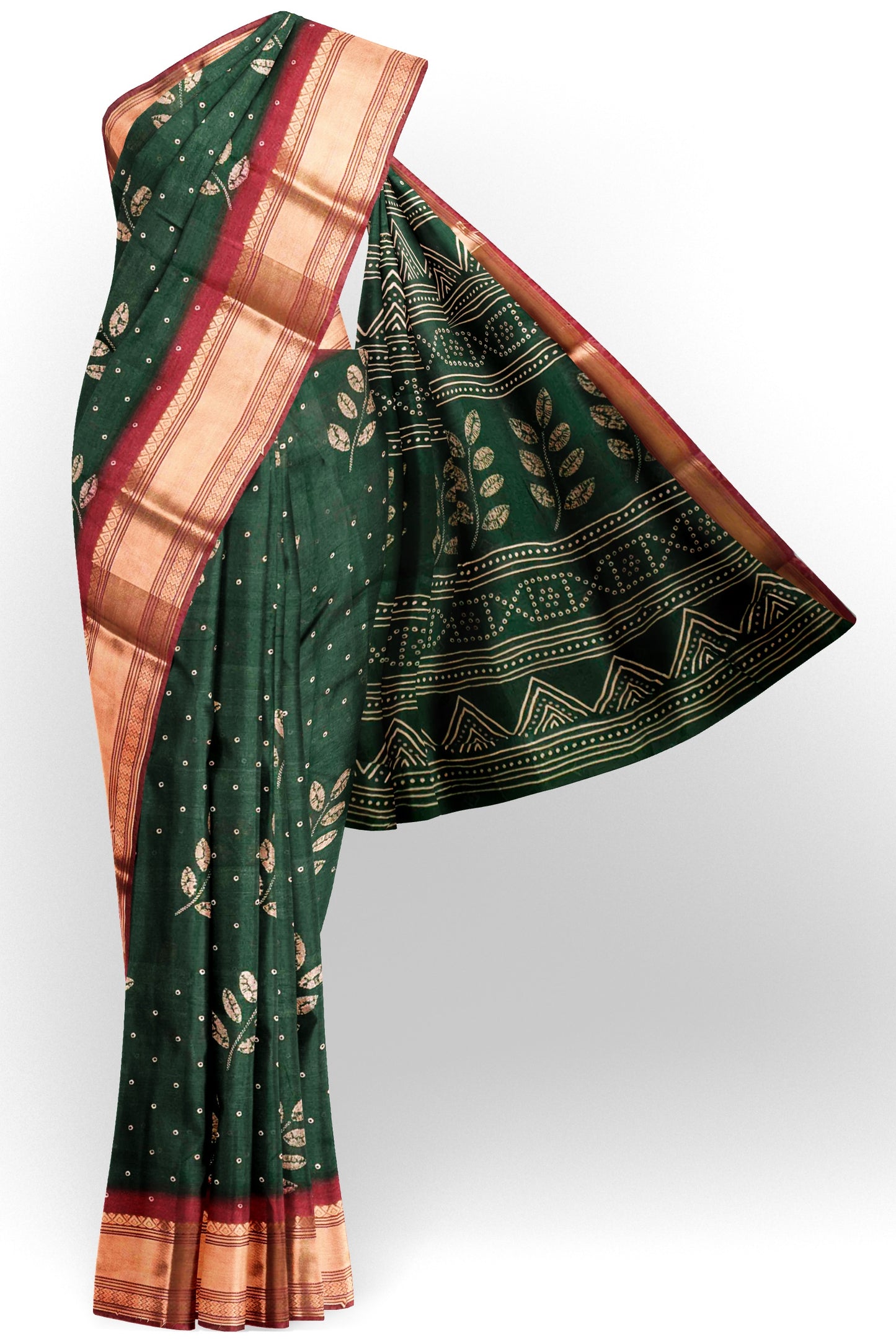 Green Printed Cotton LeafLine Print Zari Border Saree