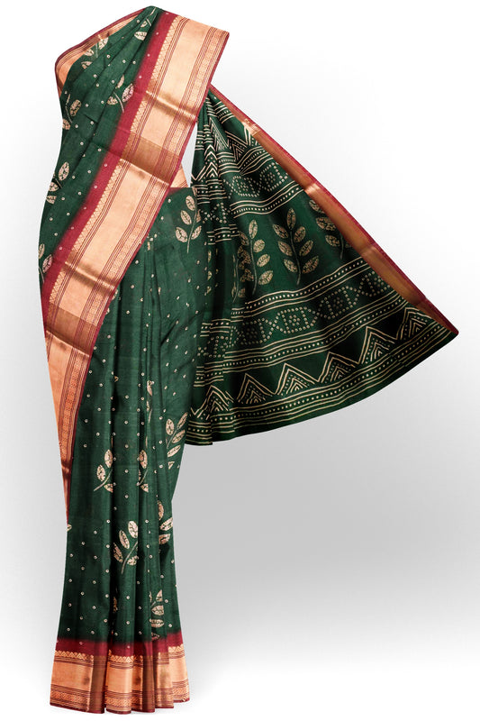 Green Printed Cotton LeafLine Print Zari Border Saree