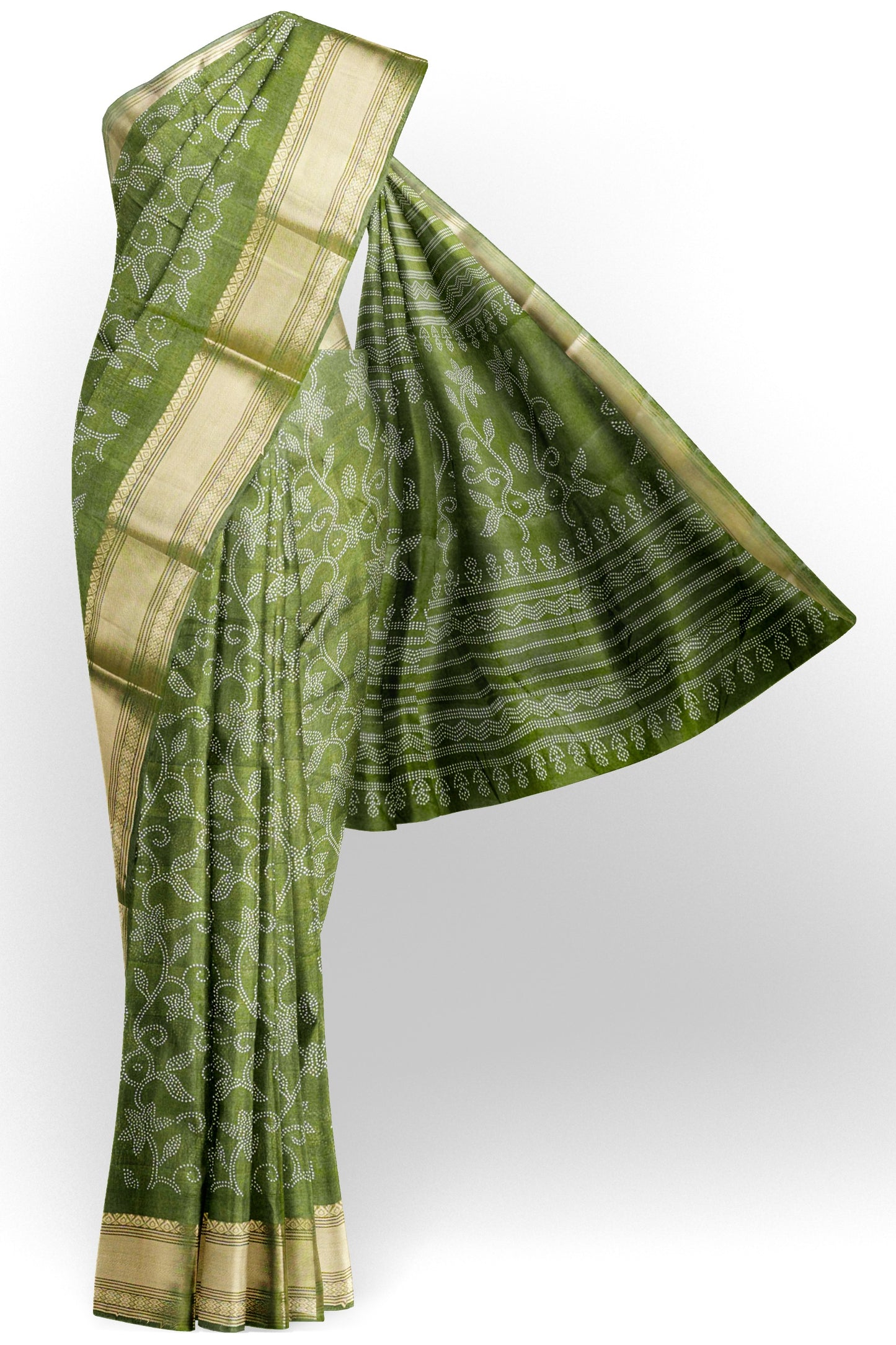 Olive Green Printed Cotton Dot Florals Zari Border Saree