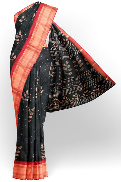 Black Printed Cotton LeafLine Print Zari Border Saree