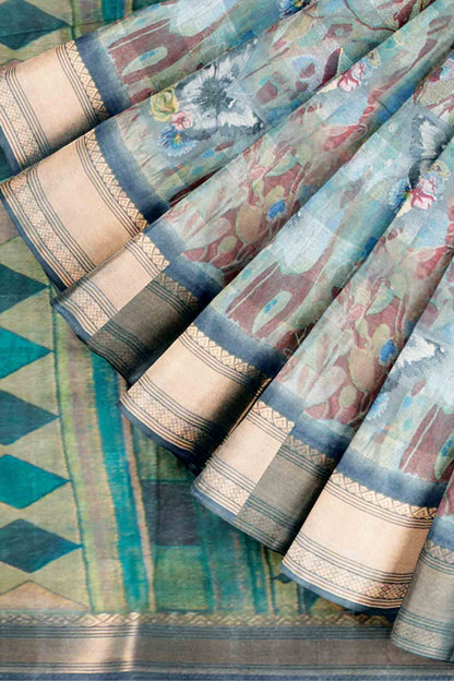 Blue Printed Cotton Floral Canvas Print Zari Border Saree