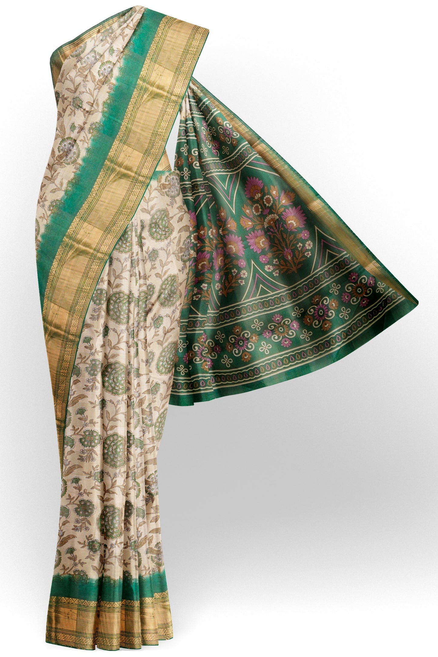 Off White Printed Cotton Floral Power Green Zari Border Saree