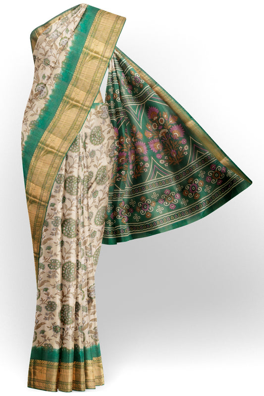 Off White Printed Cotton Floral Power Green Zari Border Saree