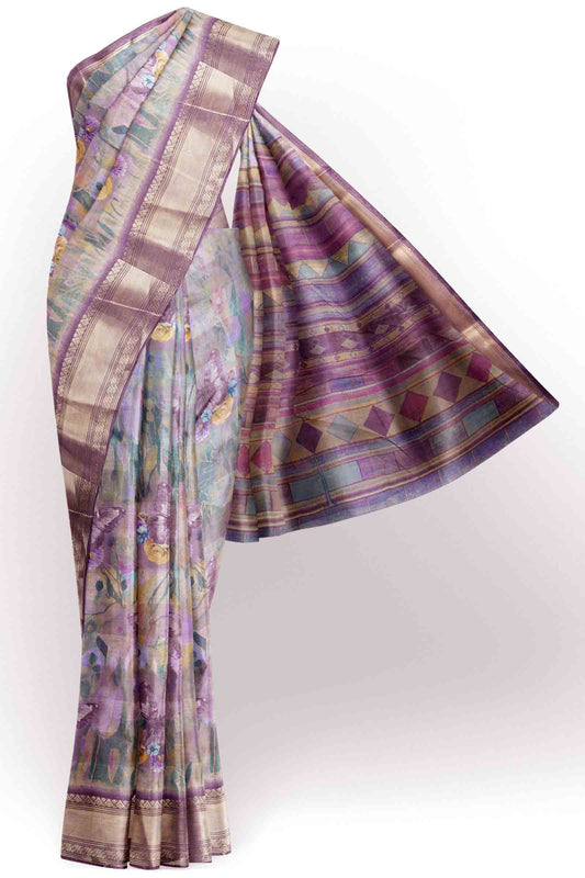 Purple Printed Cotton Floral Wonderland Print Zari Border Saree