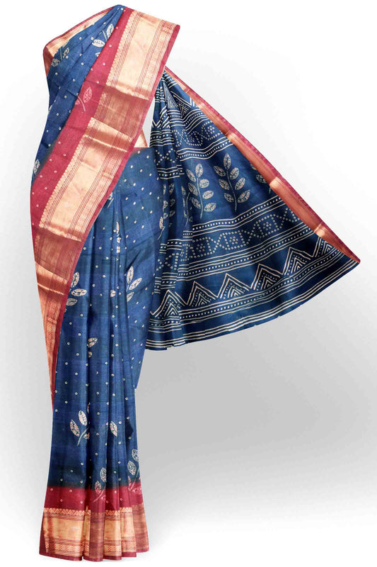 Mid Night Blue Printed Cotton LeafLine Print Zari Border Saree