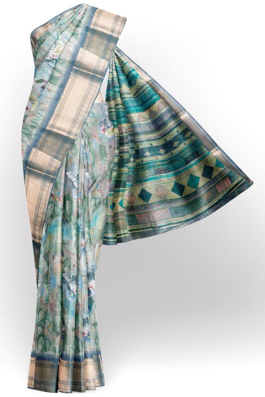 Green Printed Cotton Floral Wonderand Print Zari Border Saree