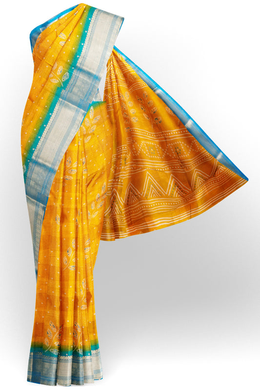 Mustard Yellow Printed Cotton LeafLine Print Zari Border Saree