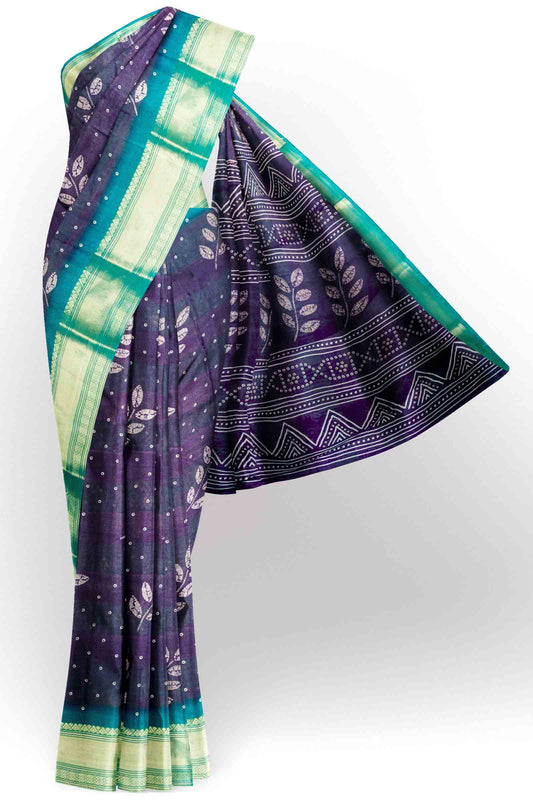 Violet Printed Cotton LeafLine Print Zari Border Saree