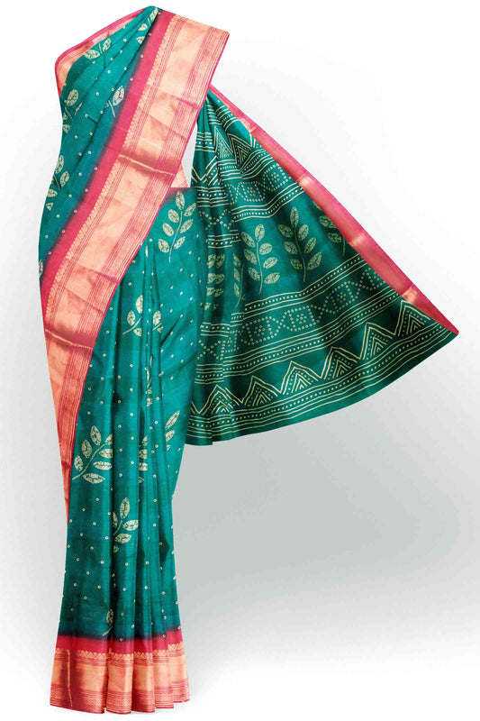 Peacock Green Printed Cotton LeafLine Print Zari Border Saree
