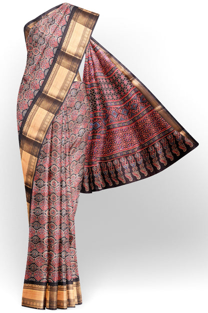 Black With Red Printed Cotton Ajrakh Style Print Zari Border Saree