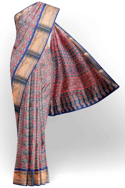 Navy Blue Printed Cotton Ajrakh Style Print Zari Border Saree