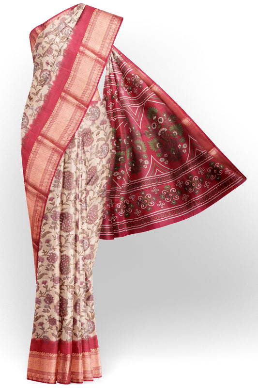 Off White Printed Cotton Bloom Power Red Zari Border Saree