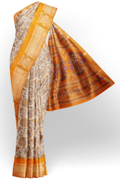 Off White Printed Cotton Floral Power Yellow Zari Border Saree