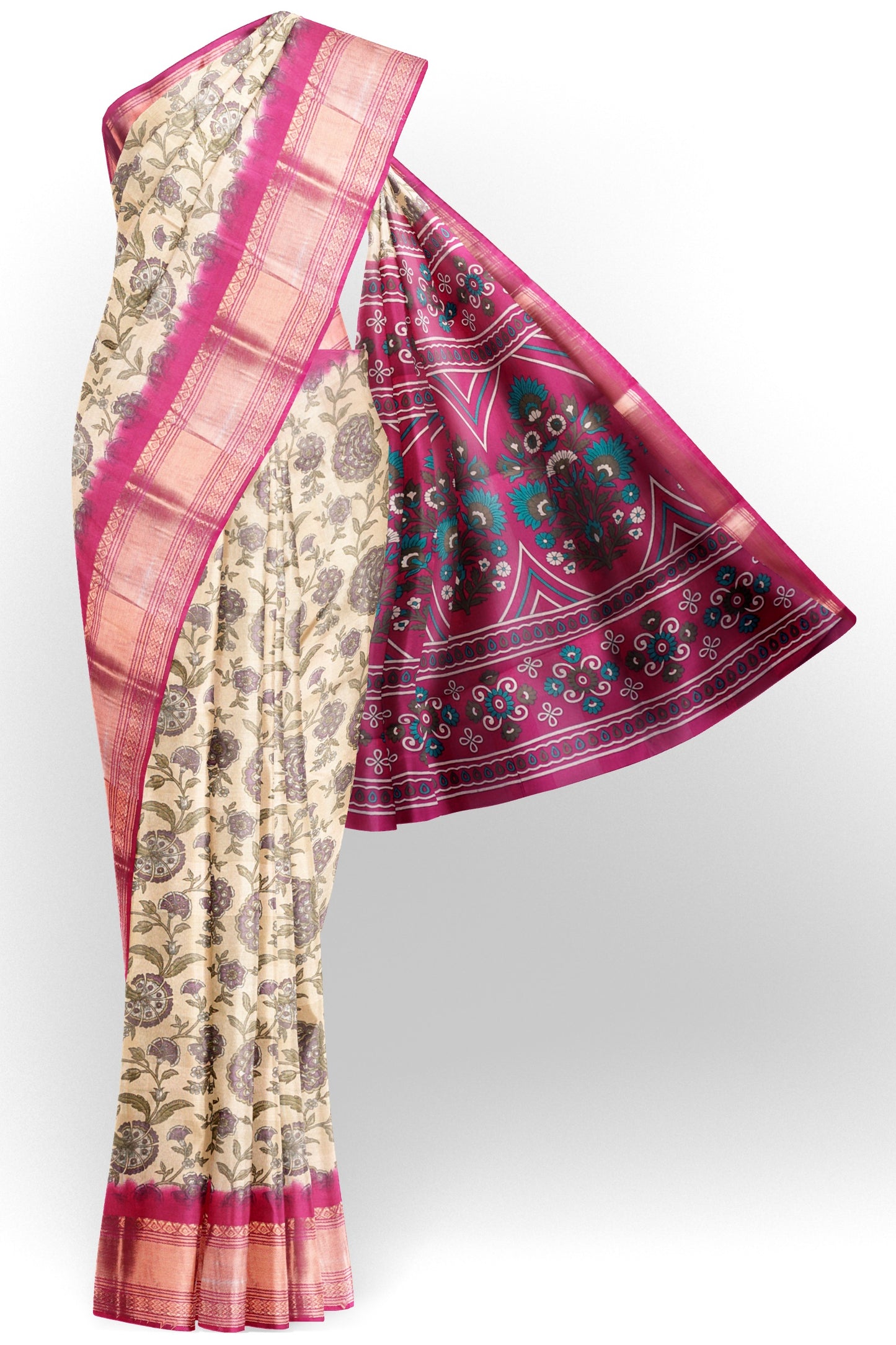 Off White Printed Cotton Bloom Power Pink Zari Border Saree