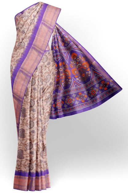 Off White Printed Cotton Floral Power Violet Zari Border Saree