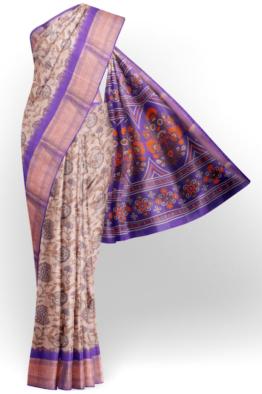 Off White Printed Cotton Floral Power Violet Zari Border Saree