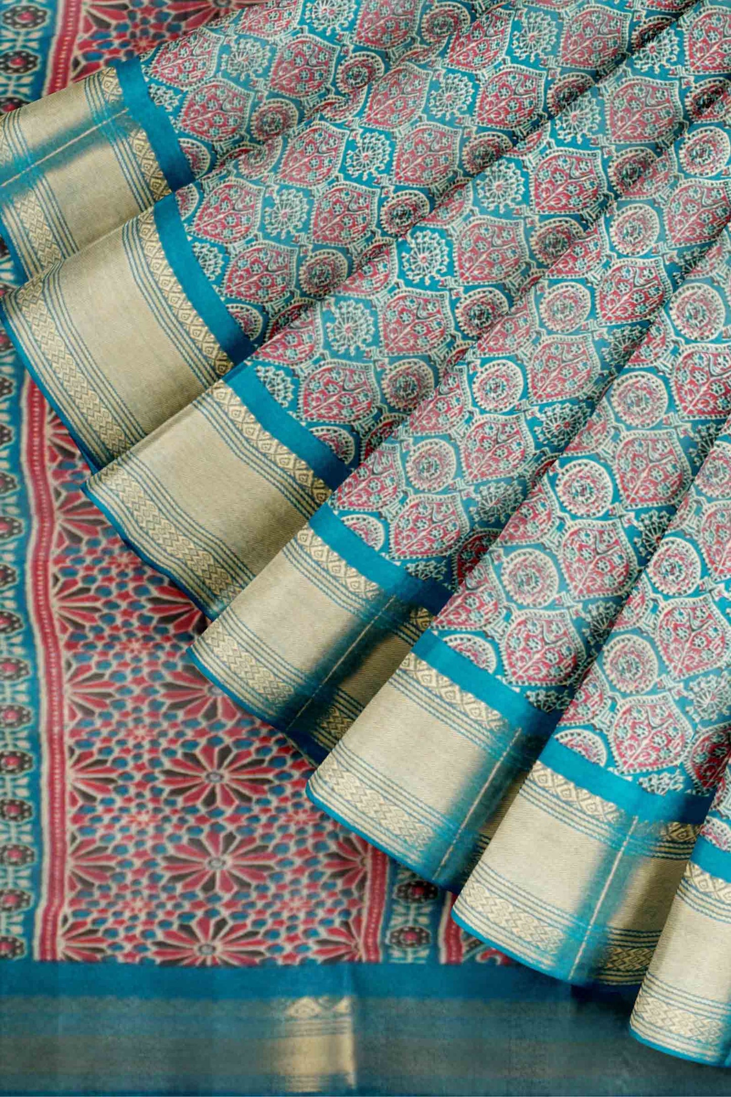 Blue Printed Cotton Ajrakh Style Prints Zari Border Saree