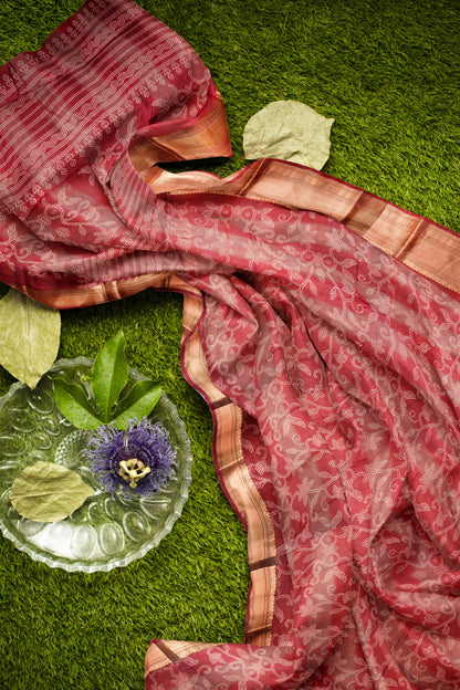 Dark Maroon Printed Cotton Rangoli Dots Zari Border Saree