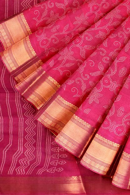 Red Printed Cotton Dot Florals Zari Border Saree