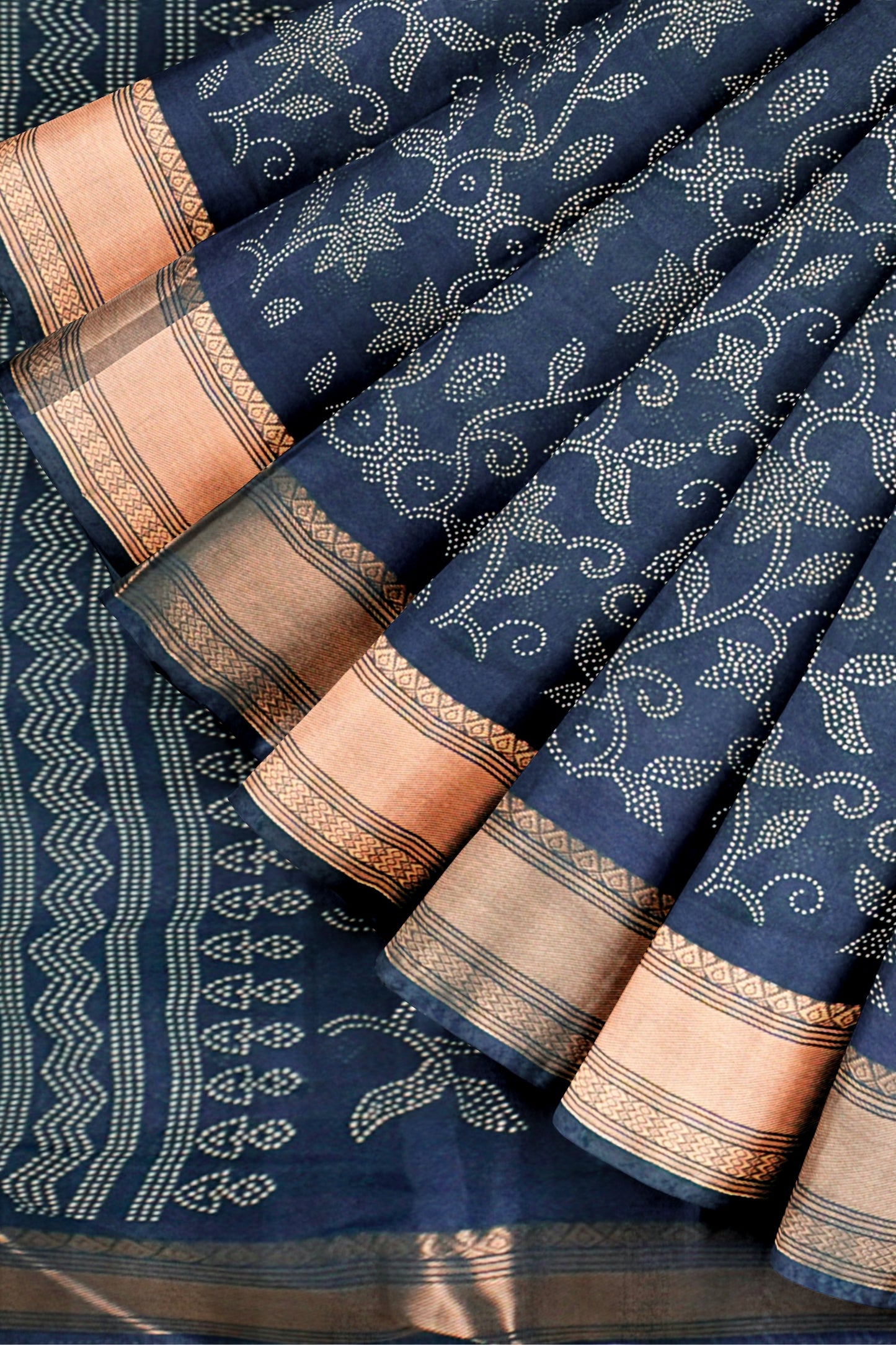 Royal Blue Printed Cotton Dot Florals Zari Border Saree