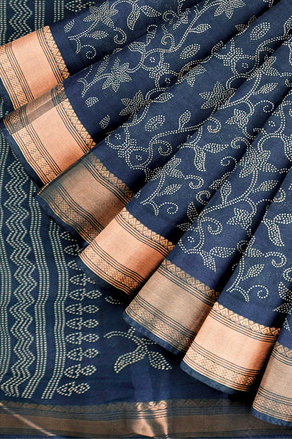 Royal Blue Printed Cotton Dot Florals Zari Border Saree