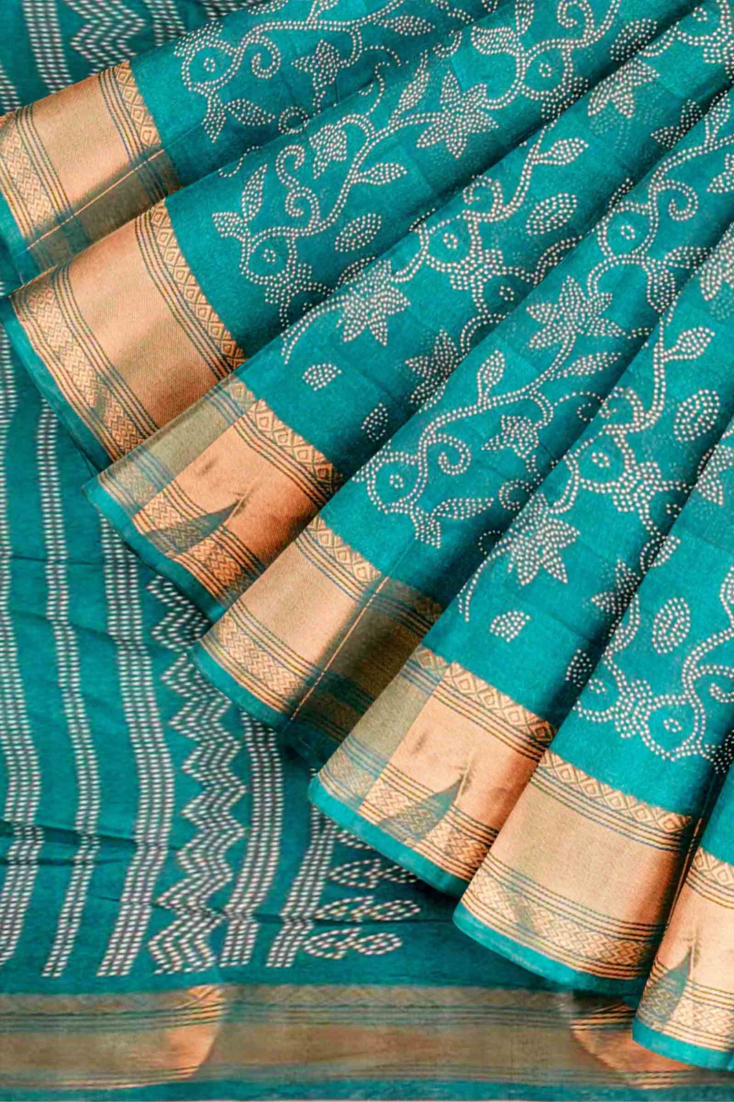 Peacock Blue Printed Cotton Dot Floral Zari Border Saree