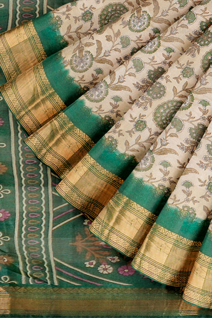 Off White Printed Cotton Floral Power Green Zari Border Saree