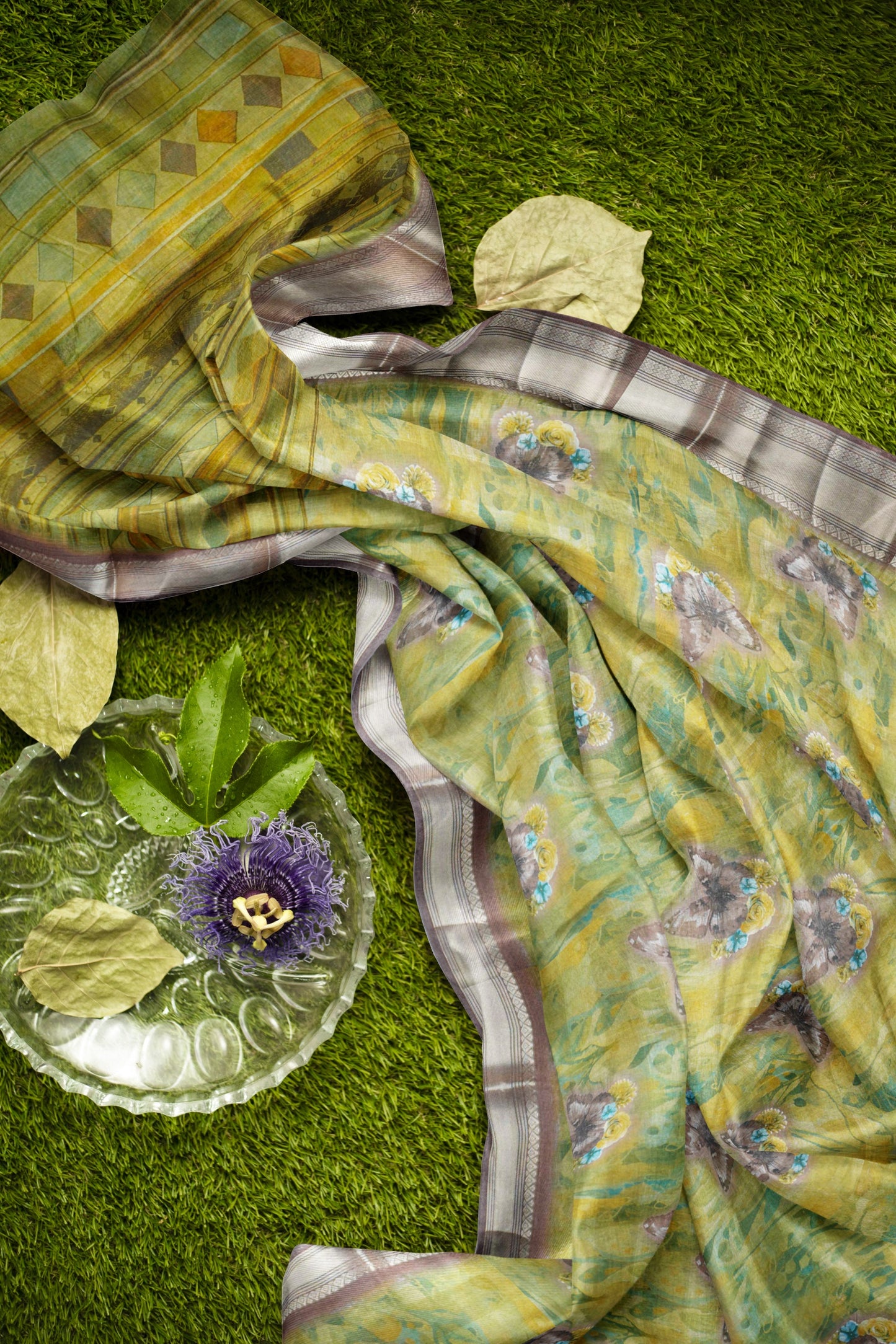 Light Green Printed Cotton Floral Wonderland Zari Border Saree