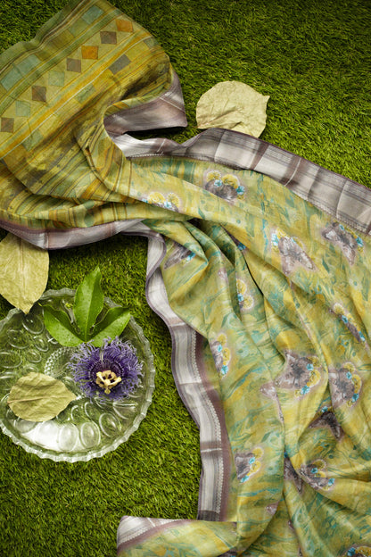 Light Green Printed Cotton Floral Wonderland Zari Border Saree