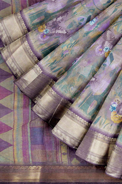 Brown With Pink Printed Cotton Floral Wonderland Zari Border Saree