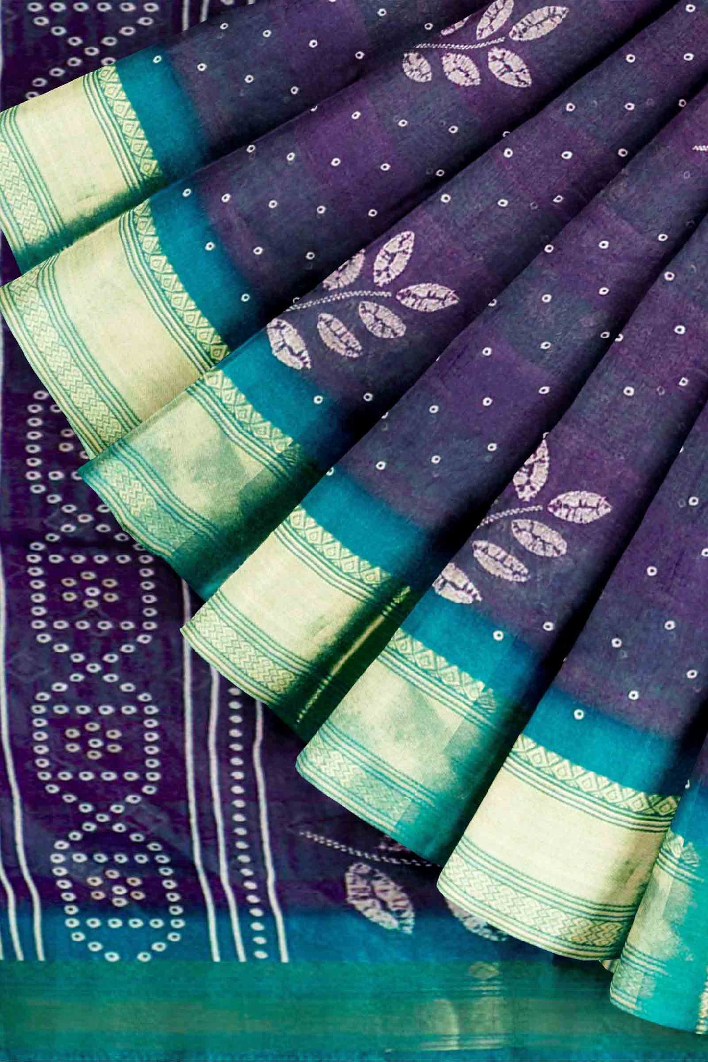 Violet Printed Cotton LeafLine Print Zari Border Saree