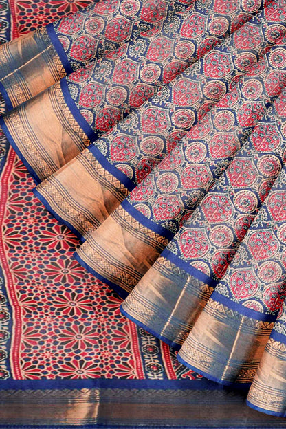 Navy Blue Printed Cotton Ajrakh Style Print Zari Border Saree