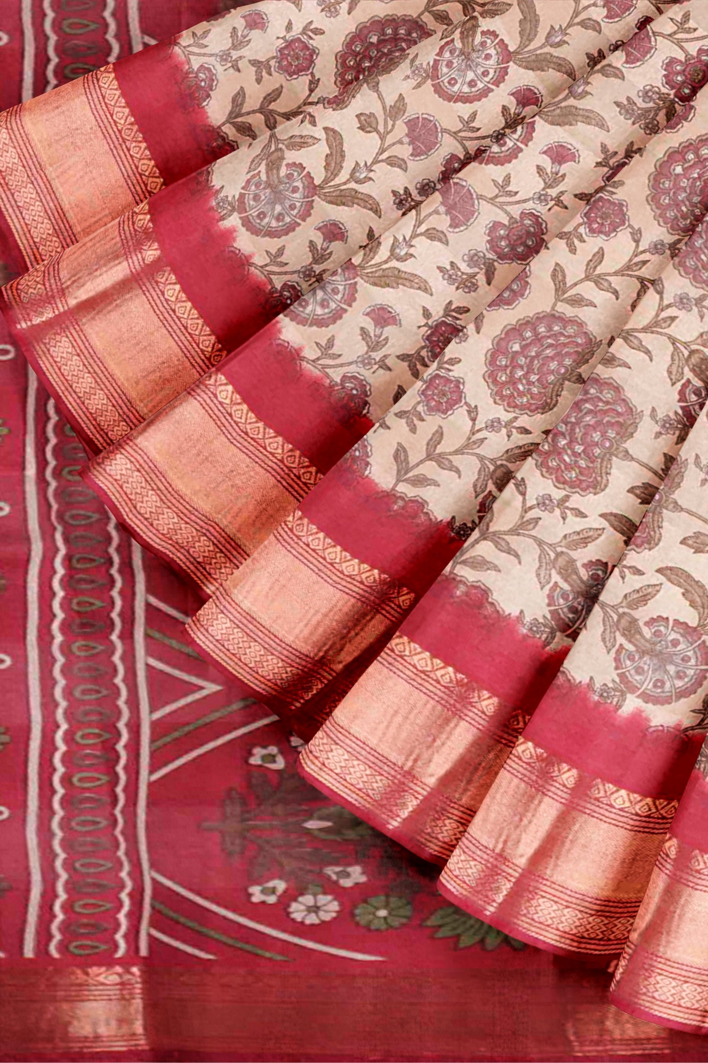 Off White Printed Cotton Bloom Power Red Zari Border Saree