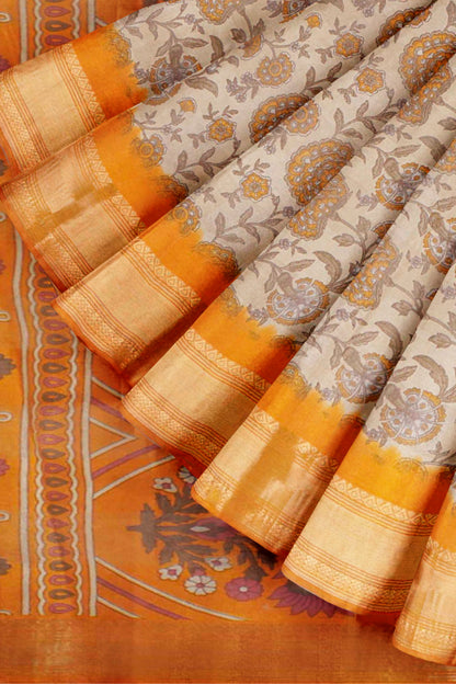 Off White Printed Cotton Floral Power Yellow Zari Border Saree