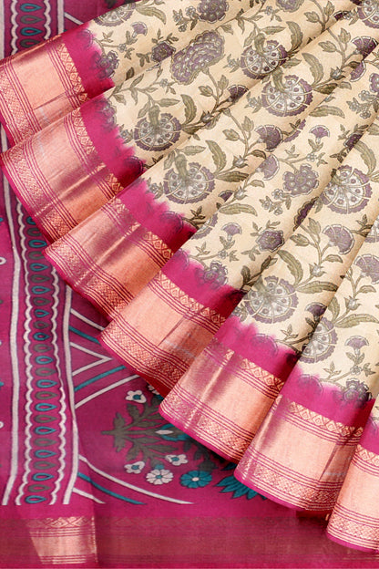 Off White Printed Cotton Bloom Power Pink Zari Border Saree