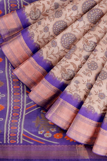 Off White Printed Cotton Floral Power Violet Zari Border Saree