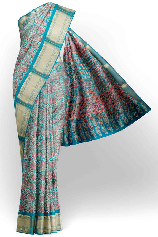 Blue Printed Cotton Ajrakh Style Prints Zari Border Saree