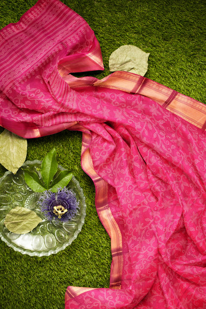 Red Printed Cotton Dot Florals Zari Border Saree