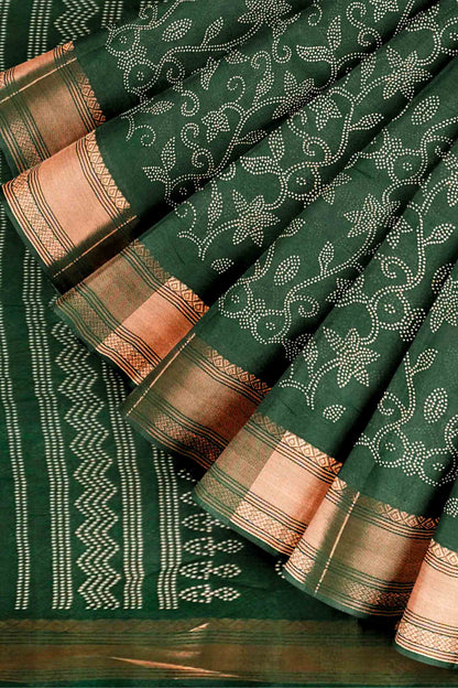 Green Printed Cotton Rangoli Dots Zari Border Saree