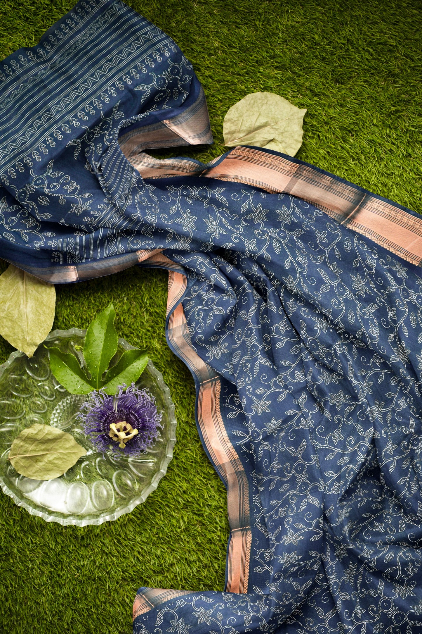 Royal Blue Printed Cotton Dot Florals Zari Border Saree