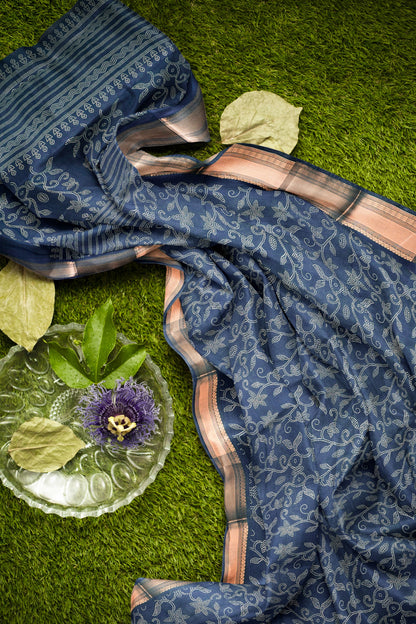 Royal Blue Printed Cotton Dot Florals Zari Border Saree