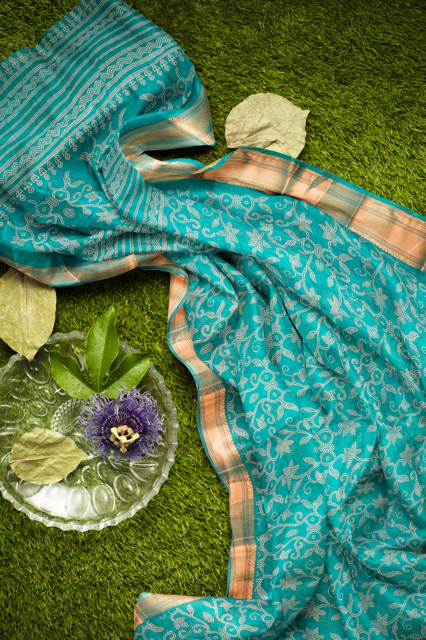 Peacock Blue Printed Cotton Dot Floral Zari Border Saree